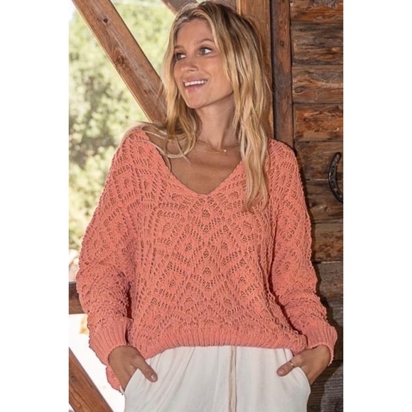 POL Light Coral Chenille Diamond Patterned Textured Knit Sweater - Picture 3 of 11